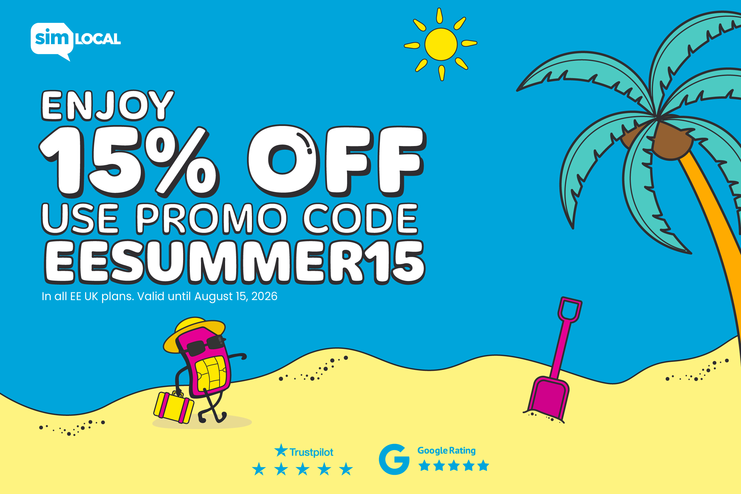 EE UK eSIM summer deal: 15% off with promo code EESUMMER15 on all EE UK plans. Valid until August 15, 2026. Powered by Sim Local.